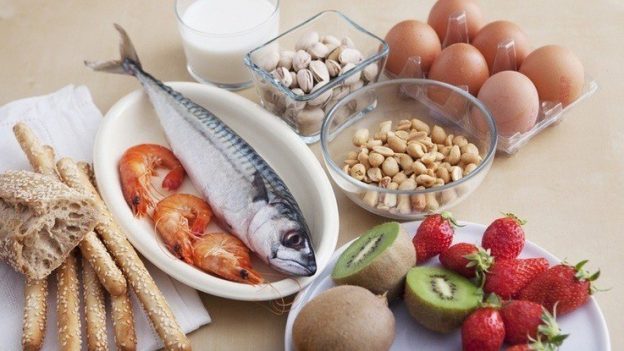 Different food groups laid out on a table containing fish, kiwi, strawberries, eggs and nuts. A meal with macronutrients and micronutrients.