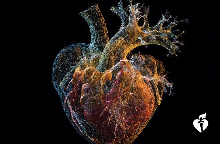 A stylized, abstract heart shape composed of numerous small, colorful particles against a black background. The particles form a translucent, glowing structure with branches extending from the top.