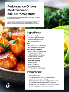 Text Overlay: recipe. Image: A bowl of food containing cooked salmon pieces, brown rice, sliced avocado, and green leafy vegetables.